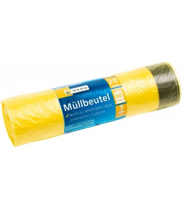 Prügikott 60L, Heku, nööriga kollane 20tk