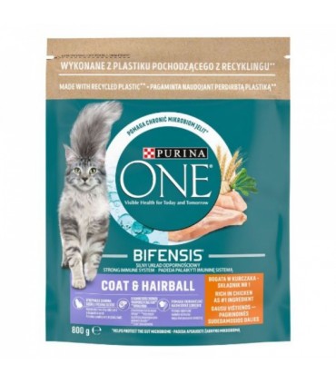 Kassi kuivsööt, Coat&Hairball, kanaga, Purina One, 800g